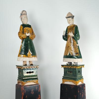 Pair of Ming Dynasty Court Figures on Lacquer Stands