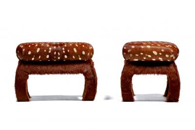 Pair of Ming Ottomans in New Hand Sewn Deer Print and Cinnamon Cowhides