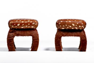 Pair of Ming Ottomans in New Hand Sewn Deer Print and Cinnamon Cowhides