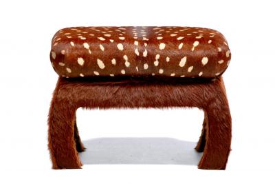 Pair of Ming Ottomans in New Hand Sewn Deer Print and Cinnamon Cowhides