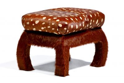 Pair of Ming Ottomans in New Hand Sewn Deer Print and Cinnamon Cowhides