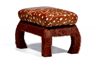 Pair of Ming Ottomans in New Hand Sewn Deer Print and Cinnamon Cowhides