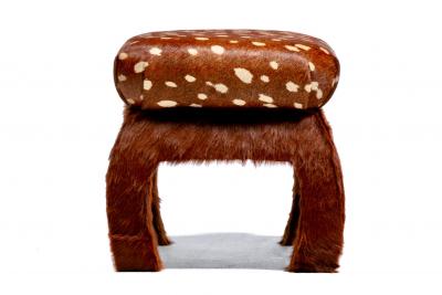 Pair of Ming Ottomans in New Hand Sewn Deer Print and Cinnamon Cowhides