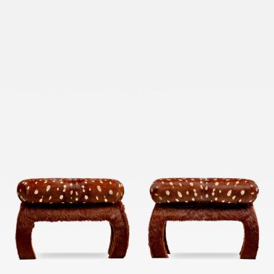 Pair of Ming Ottomans in New Hand Sewn Deer Print and Cinnamon Cowhides