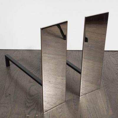 Pair of Minimalist Polished Nickel Rectangular Andirons