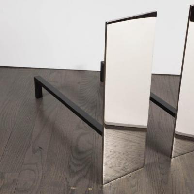 Pair of Minimalist Polished Nickel Rectangular Andirons