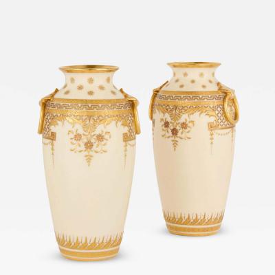 Pair of Minton Gilt Decorated Ivory Ground Porcelain Vases