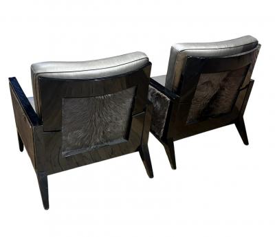 Pair of Modern Black Lacquer Chairs with Fur Accent