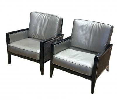 Pair of Modern Black Lacquer Chairs with Fur Accent