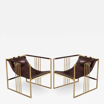 Pair of Modern Brass Leather Lounge Chair Bison by McGuire Haybine