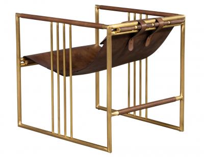 Pair of Modern Brass Leather Lounge Chair Saddle by McGuire Haybine