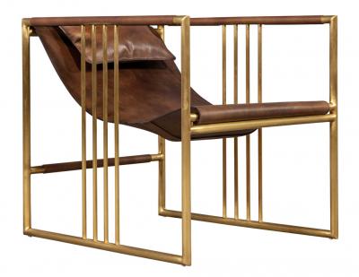 Pair of Modern Brass Leather Lounge Chair Saddle by McGuire Haybine