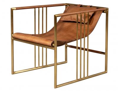 Pair of Modern Brass Leather Lounge Chair Tan by McGuire Haybine