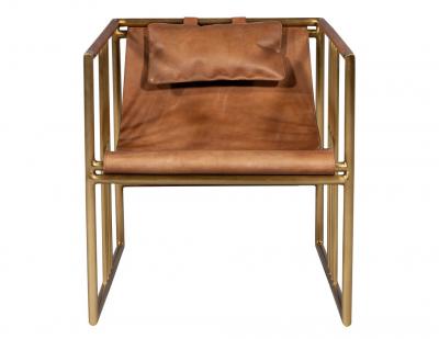 Pair of Modern Brass Leather Lounge Chair Tan by McGuire Haybine
