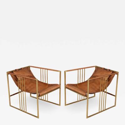 Pair of Modern Brass Leather Lounge Chair Tan by McGuire Haybine