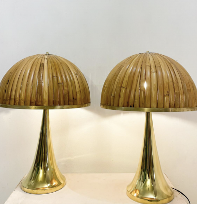 Pair of Modern Brass and Bamboo Table Lamps Italy