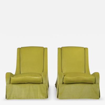 Pair of Modern Chartreuse Velvet Swivel Down Slipper Chairs