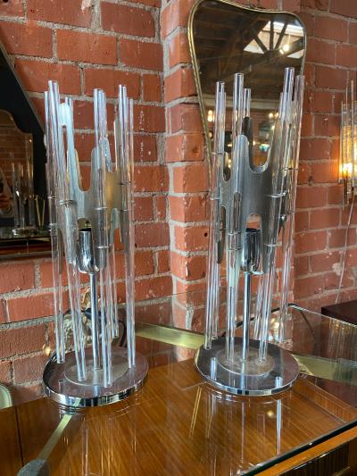 Pair of Modern Cylindrical Glass and Chrome Table Lamps Italy 1970s
