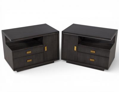 Pair of Modern End Table in Grey Charcoal Finish and Bronzed Hardware