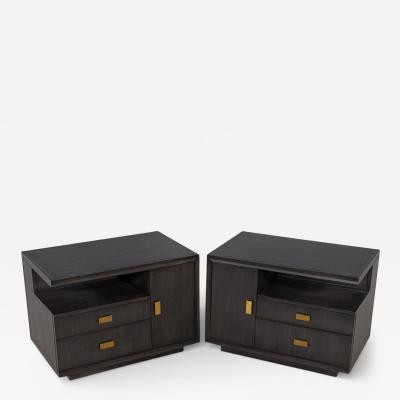 Pair of Modern End Table in Grey Charcoal Finish and Bronzed Hardware