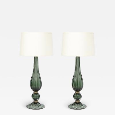Pair of Modern Hand Blown Murano Green Glass Table Lamps with 24 Karat Gold