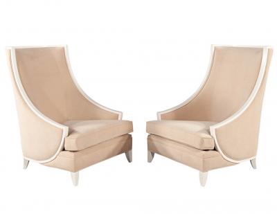 Pair of Modern High Back Lounge Chairs with Designer Cream Velvet