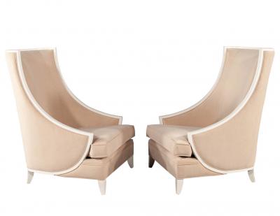 Pair of Modern High Back Lounge Chairs with Designer Cream Velvet