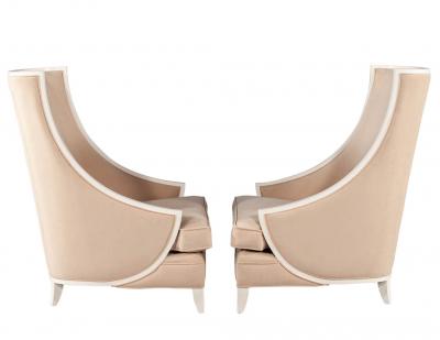 Pair of Modern High Back Lounge Chairs with Designer Cream Velvet