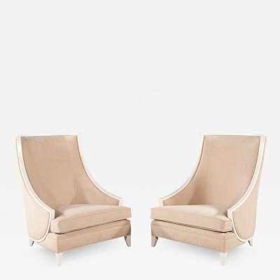 Pair of Modern High Back Lounge Chairs with Designer Cream Velvet