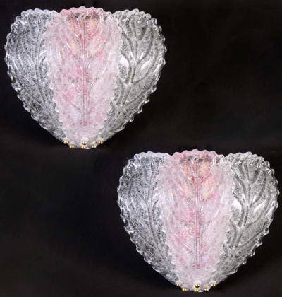 Pair of Modern Italian Pink and Clear Murano Glass Leave Wall Lights 1970