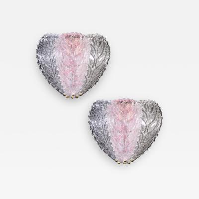 Pair of Modern Italian Pink and Clear Murano Glass Leave Wall Lights 1970