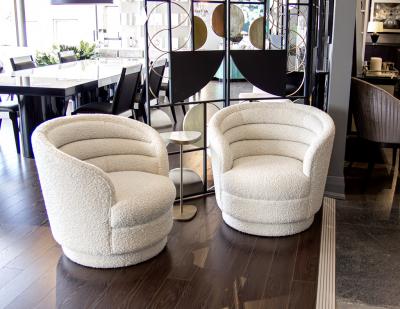 Pair of Modern Swivel Chairs in Boucle Cream Fabric