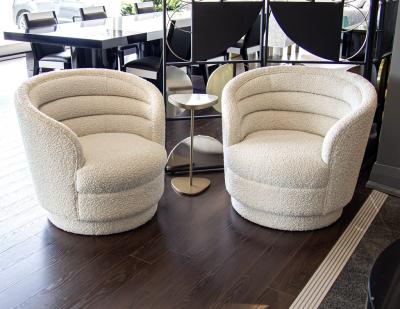 Pair of Modern Swivel Chairs in Boucle Cream Fabric