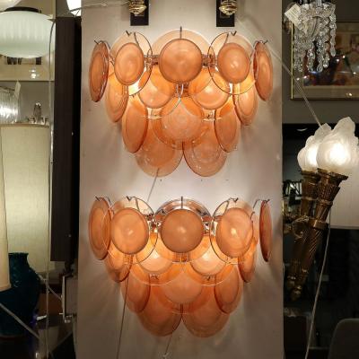 Pair of Modernist 14 Disc Sconces in Hand Blown Murano Smoked Apricot Glass