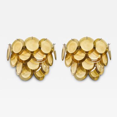 Pair of Modernist 14 Disc Sconces in Hand Blown Murano Topaz Glass