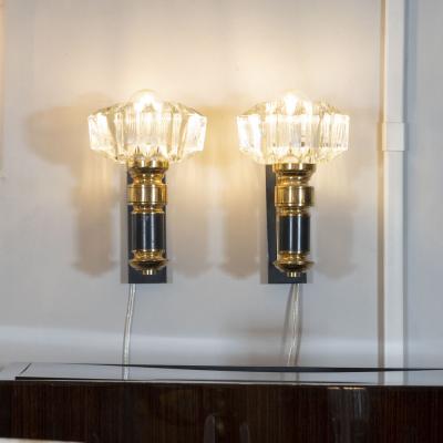Pair of Modernist Brass Handblown Clear Murano Glass Black Enamel Sconces