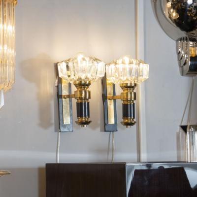 Pair of Modernist Brass Handblown Clear Murano Glass Black Enamel Sconces