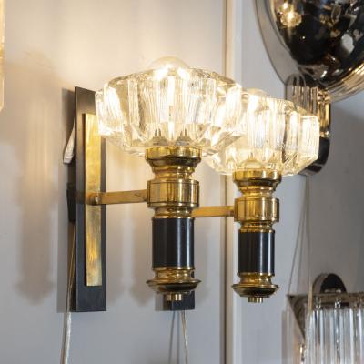 Pair of Modernist Brass Handblown Clear Murano Glass Black Enamel Sconces