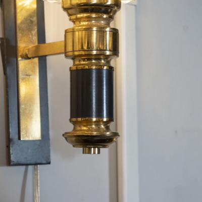 Pair of Modernist Brass Handblown Clear Murano Glass Black Enamel Sconces