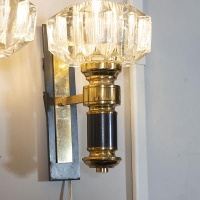 Pair of Modernist Brass Handblown Clear Murano Glass Black Enamel Sconces