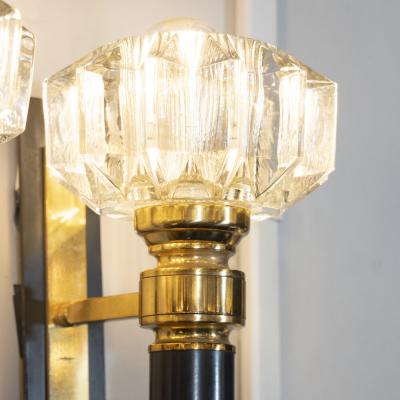 Pair of Modernist Brass Handblown Clear Murano Glass Black Enamel Sconces