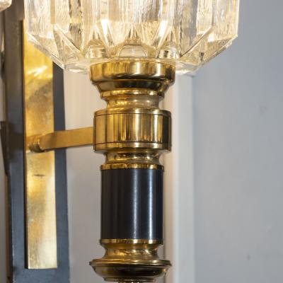 Pair of Modernist Brass Handblown Clear Murano Glass Black Enamel Sconces