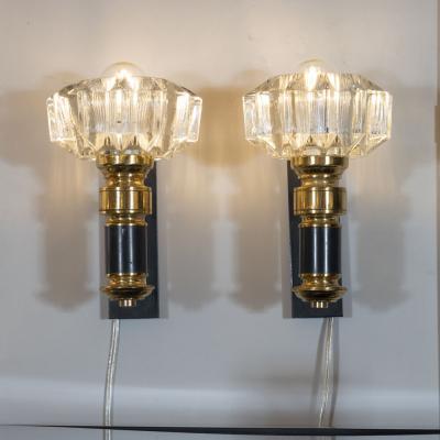 Pair of Modernist Brass Handblown Clear Murano Glass Black Enamel Sconces