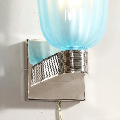 Pair of Modernist Hand Blown Murano Arctic Blue Fluted Glass Sconces Nickel