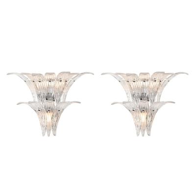 Pair of Modernist Hand Blown Murano Clear Glass Nickel Fitted Palma Sconces