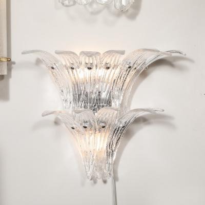 Pair of Modernist Hand Blown Murano Clear Glass Nickel Fitted Palma Sconces