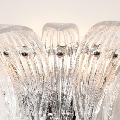 Pair of Modernist Hand Blown Murano Clear Glass Nickel Fitted Palma Sconces