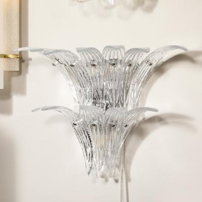 Pair of Modernist Hand Blown Murano Clear Glass Nickel Fitted Palma Sconces
