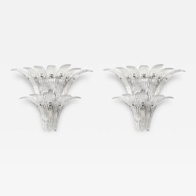 Pair of Modernist Hand Blown Murano Clear Glass Nickel Fitted Palma Sconces