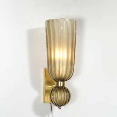 Pair of Modernist Hand Blown Murano Fluted Glass Sconces in Frosted Smoked Topaz